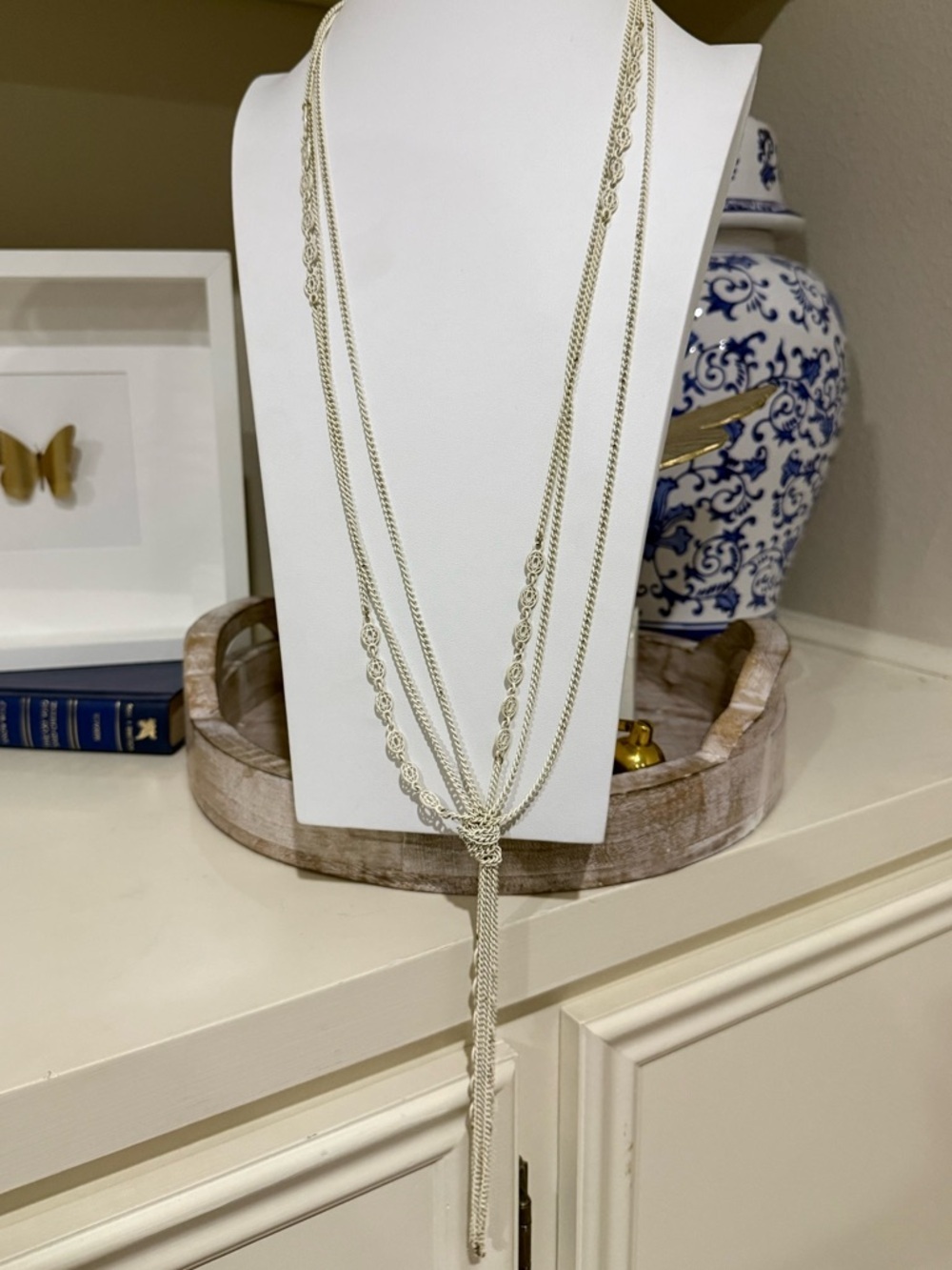 Vintage Monet White Multi Chain Necklace with Tassel. Extra Long Necklace